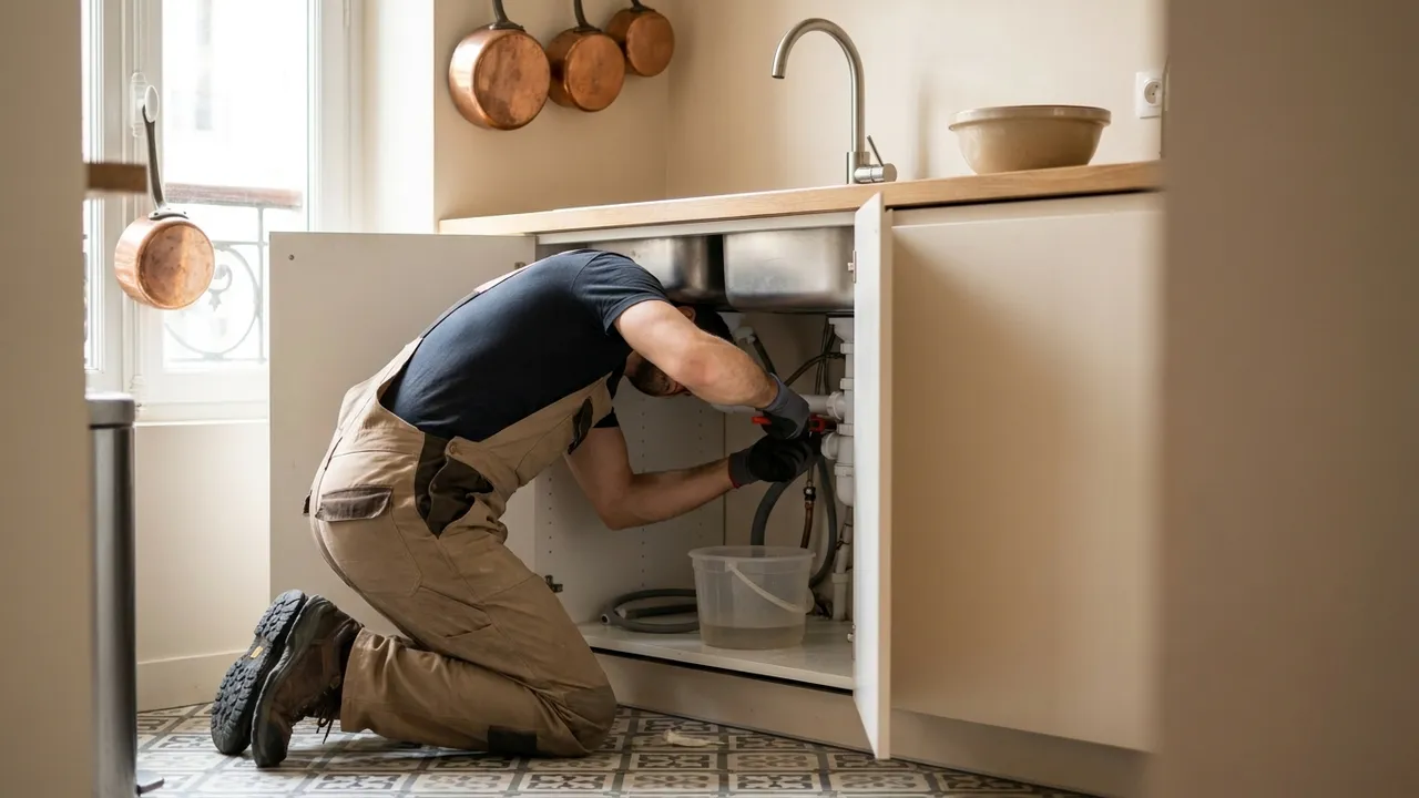 Plombier réparant une fuite sur le siphon et les flexibles sous un évier de cuisine à Arcueil, seau récupérant les gouttes