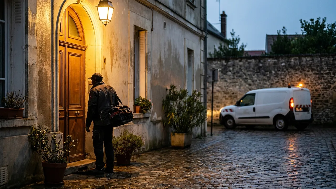 Plombier de garde arrivant de nuit avec sa sacoche devant une résidence d'Arcueil, lumière chaude du porche